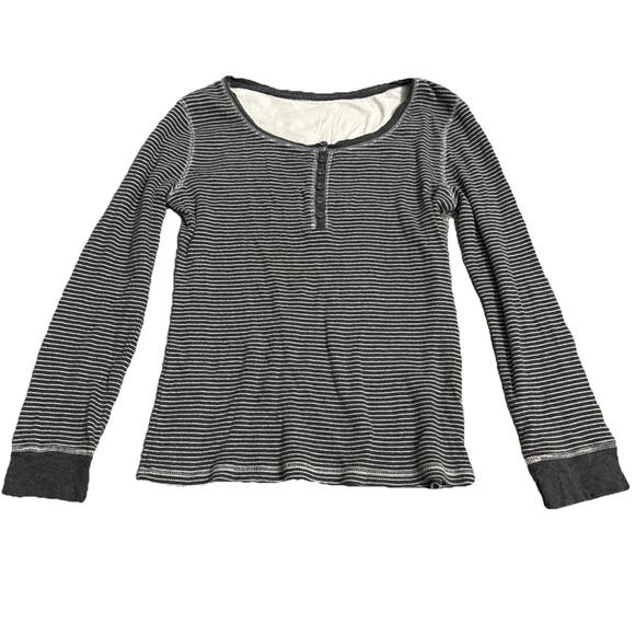 Laura Scott Women's Gray Henley Long Sleeve Top Size M Casual Striped - Picture 1 of 4